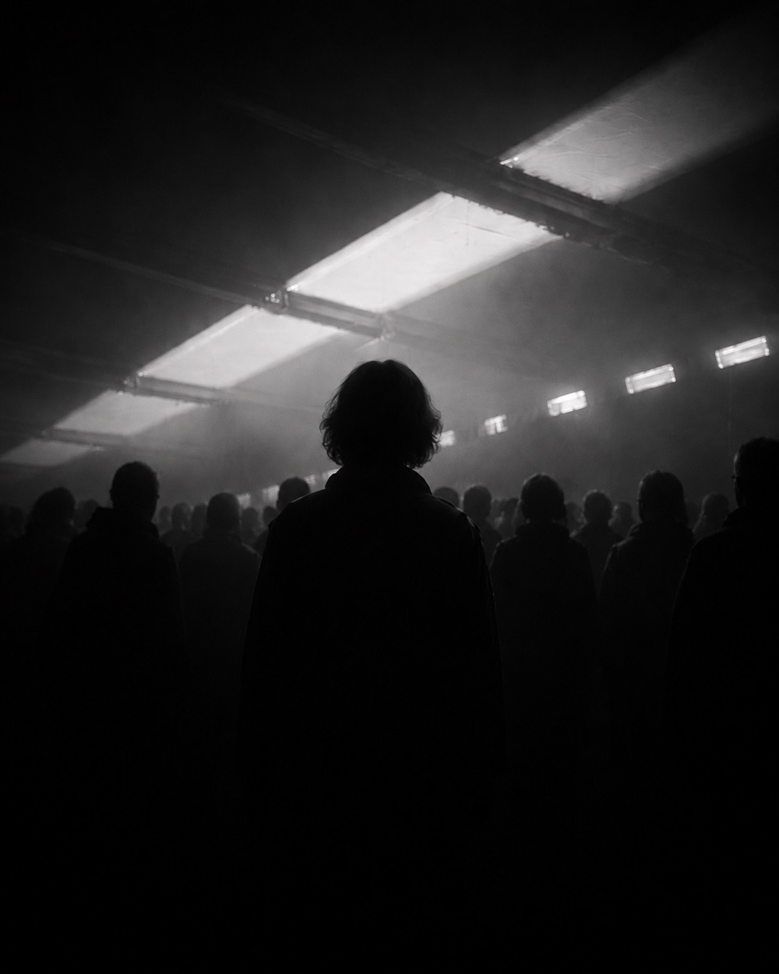 A crowd facing a stark rectangular light installation in a dark industrial room.